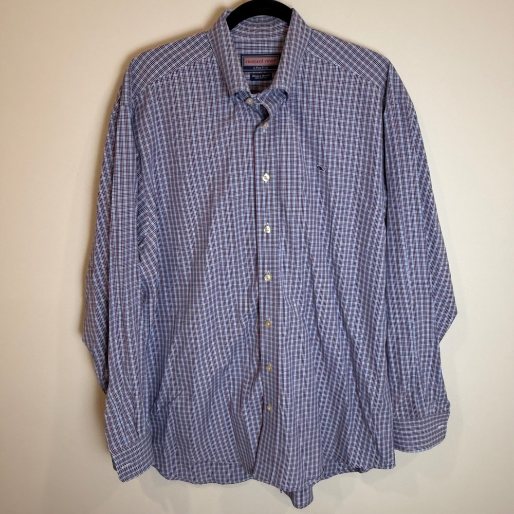 Vineyard Vines Whale Shirt Plaid Button Down Long Sleeve Mens L Red Blue Cotton